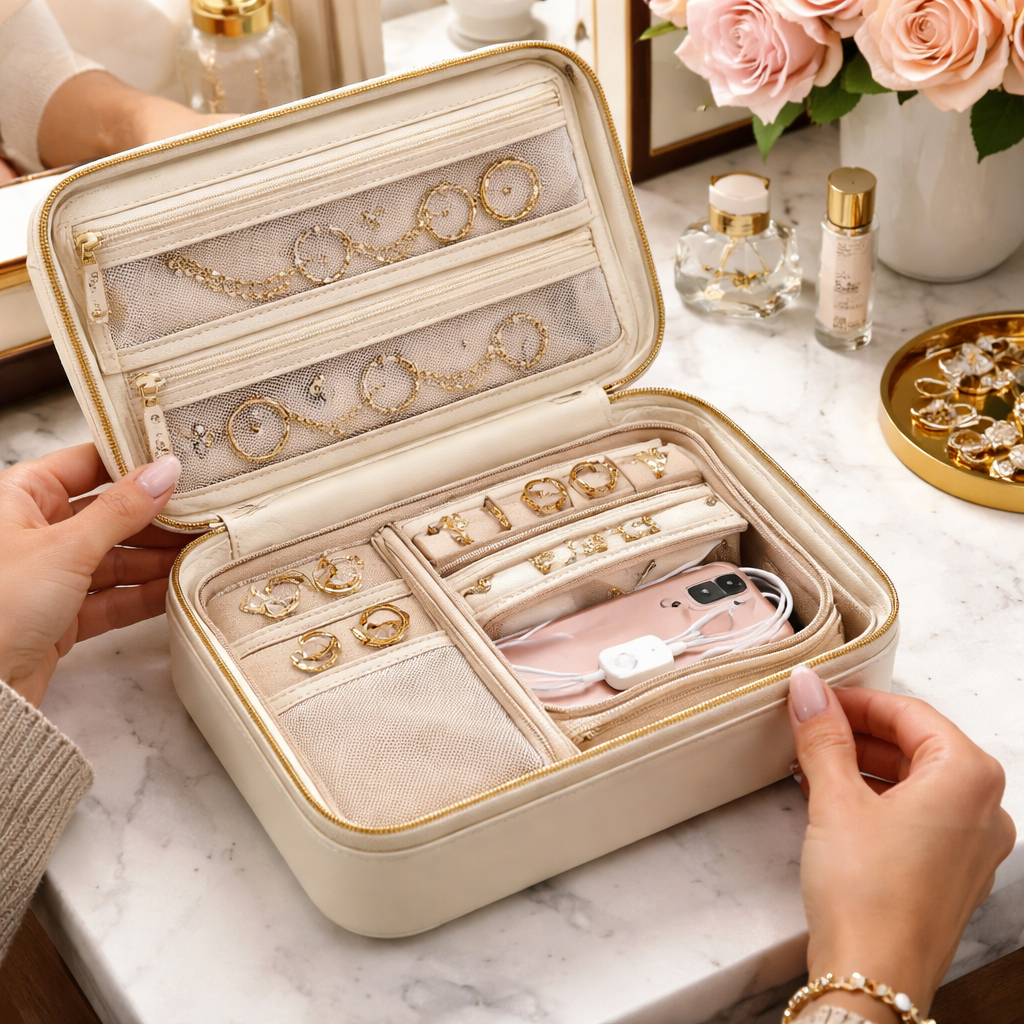 A photorealistic scene of a stylish woman opening a travel jewelry case with organized compartments on a hotel vanity, showing zippered sections for jewelry and a separate tech pocket. Alt: travel jewelry case reviews showing secure organization options.