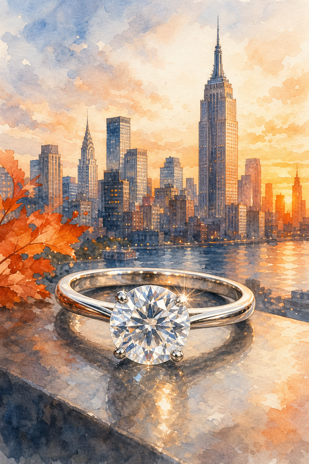 A watercolor illustration of a sleek round engagement ring on a city skyline background, showing the sparkle of the stone against skyscrapers. Alt: round cubic zirconia engagement ring for city travel