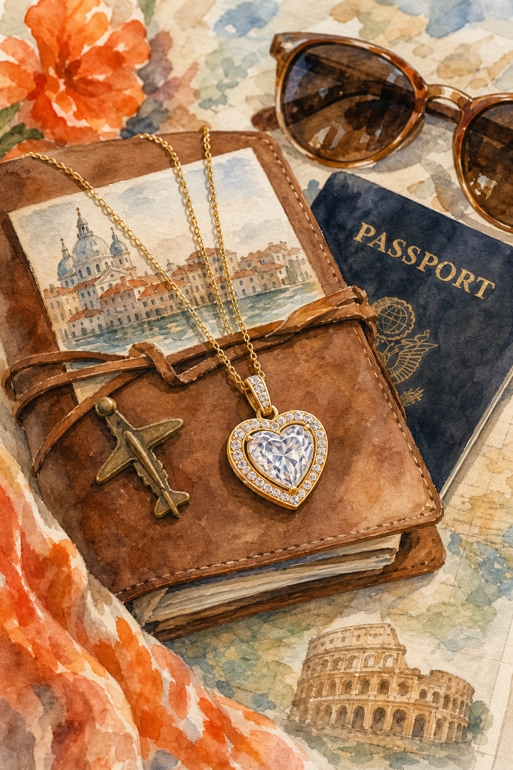 A watercolor scene of a heart-shaped pendant draped over a travel journal beside a passport and sunglasses, illustrating romantic souvenir styling. Alt: heart diamond veneer pendant for travel souvenirs