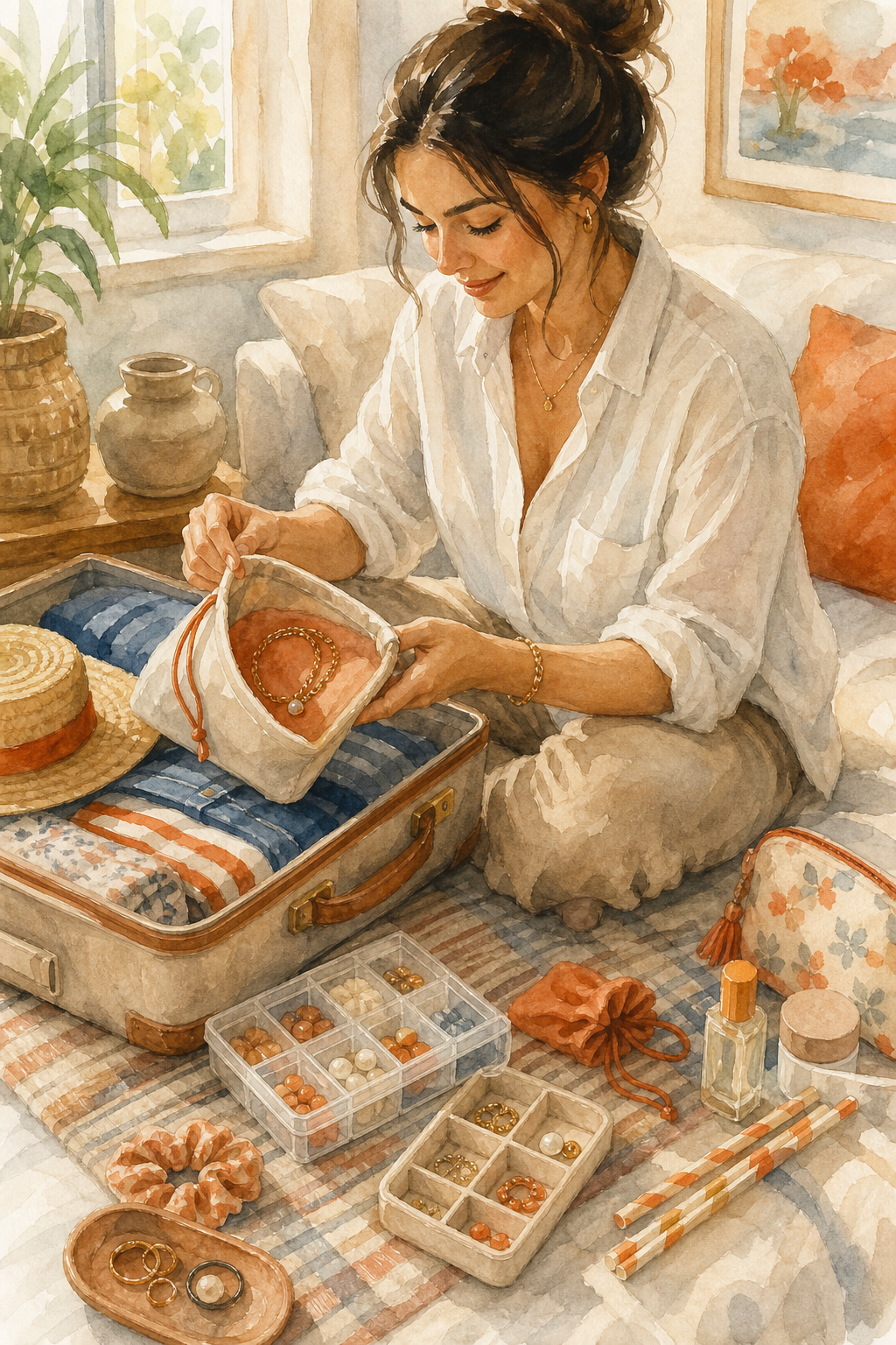 Watercolor scene of a woman sitting on a suitcase, holding a soft jewelry pouch with a necklace neatly looped inside, while a few straws and pill boxes are visible next to her. Alt: Packing jewelry using a soft pouch and DIY organizers.