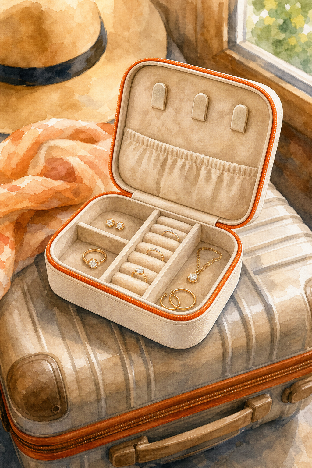 A watercolor depiction of a woman gently placing a necklace into a travel jewelry case with soft compartments. Alt: efficiently packing jewelry into a travel organizer
