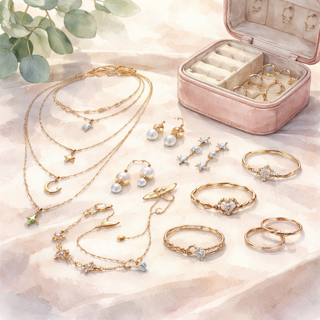 A watercolor illustration showing various travel jewelry pieces laid out on a soft surface, including delicate necklaces, earrings, bracelets, and rings, with a small travel case nearby. Alt: Travel jewelry collection assessment for choosing affordable organizer