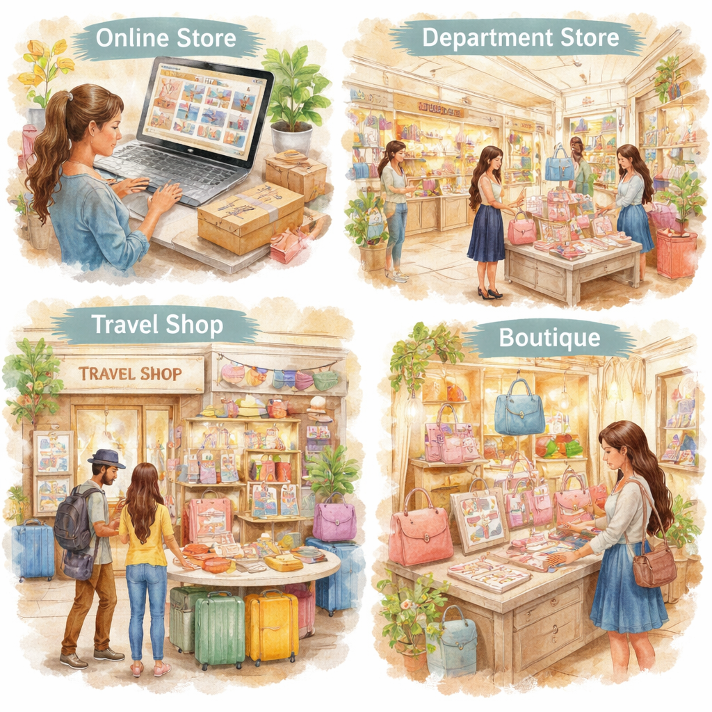 A watercolor illustration of various shopping locations including online stores, department stores, and travel shops, with jewelry organizers displayed in different retail settings. Alt: Shopping locations for affordable travel jewelry organizers