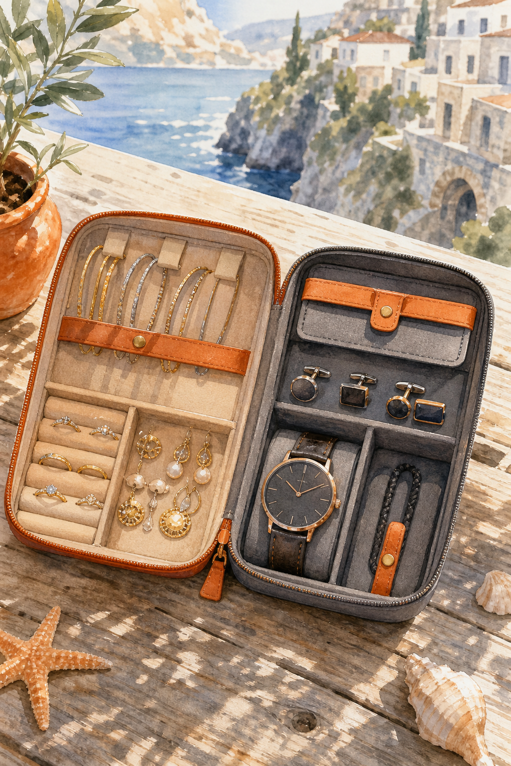 Watercolor illustration of a couple's open jewelry travel organizer laid flat on a sun-bleached wooden beach table, filled with sparkling bangles, earrings, and rings on one side for her and simple cufflinks and a watch on the other side for him, warm morning light filtering in from the side. Alt: travel jewelry organizer open on beach table showing couple's accessories organized by compartment.