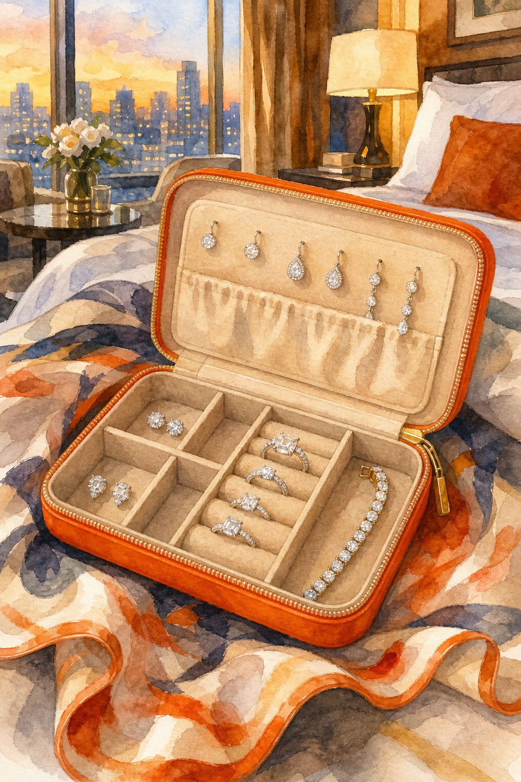 Watercolor illustration of an open travel jewelry organizer filled with sparkling diamond-style earrings, rings, and a tennis bracelet, arranged on a silk travel scarf inside a hotel suite. Alt: Diamond Veneer travel jewelry organizer with sparkling cubic zirconia pieces laid out elegantly.
