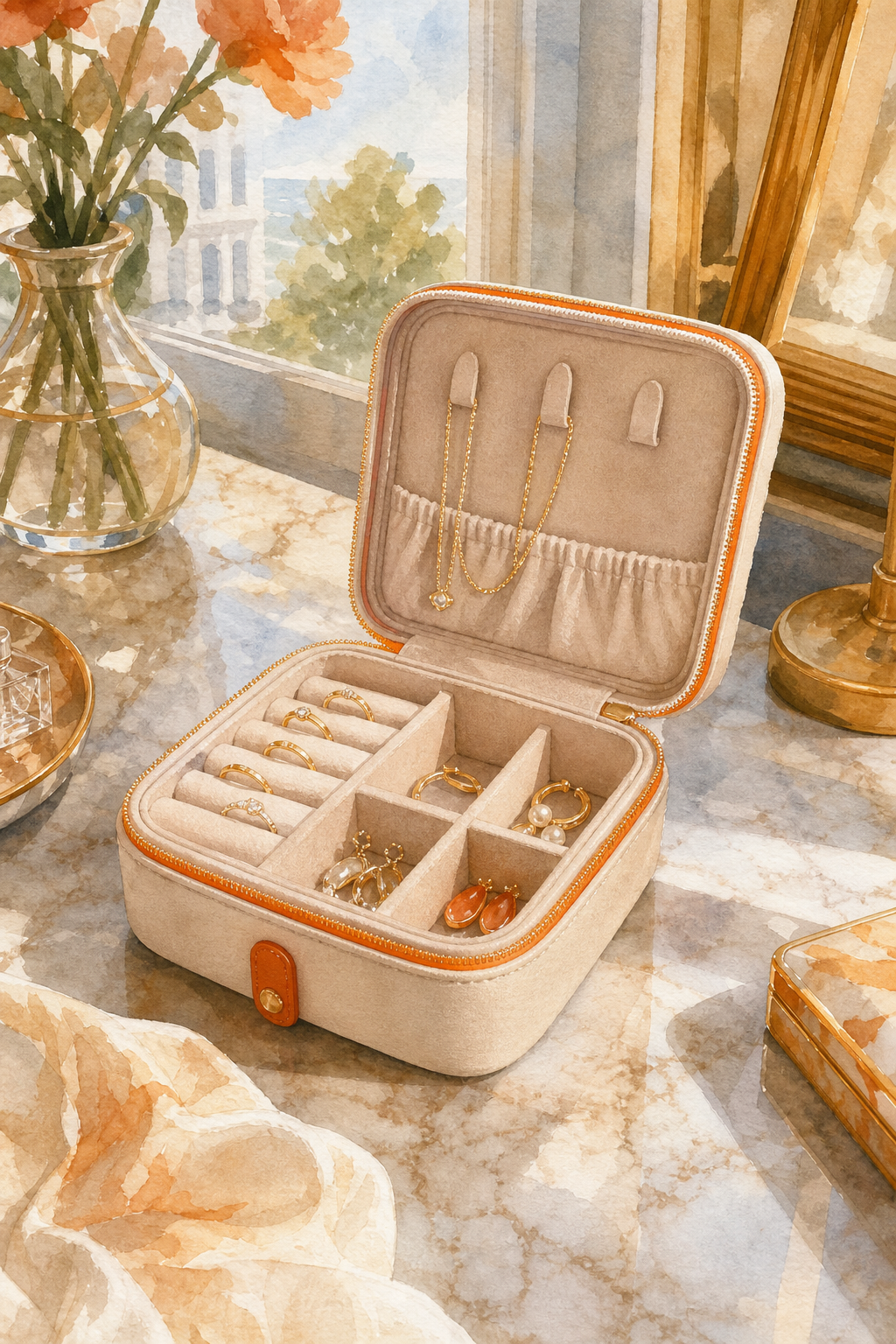 Watercolor scene of a Vlando-style decorative travel jewelry box open on a marble vanity table, soft morning light catching the velvet-lined interior and small compartments holding gold rings and earrings. Alt: Aesthetic travel jewelry box with velvet interior displayed on a hotel vanity.