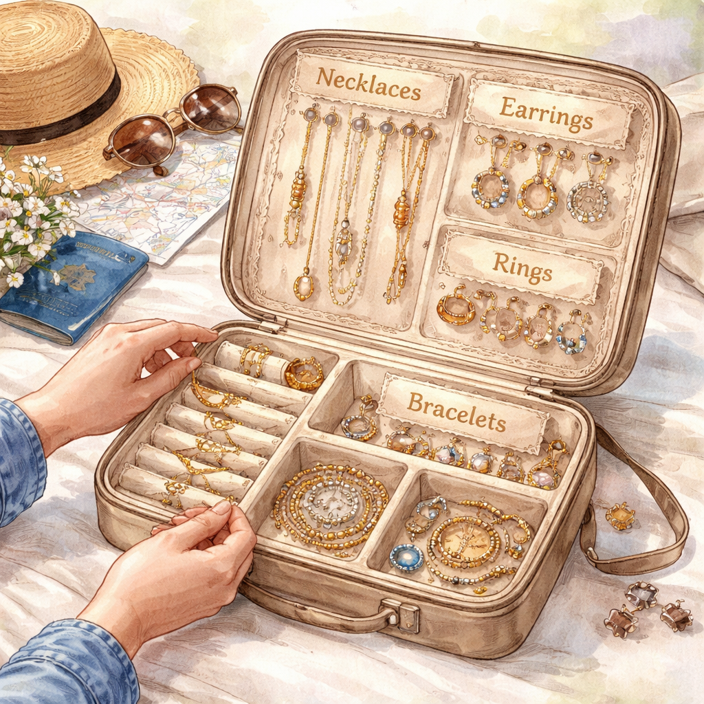 Watercolor illustration of a traveler laying out jewelry on a suitcase, with labeled compartments for necklaces, earrings, rings, and bracelets. Alt: travel jewelry organizer with compartments layout guide