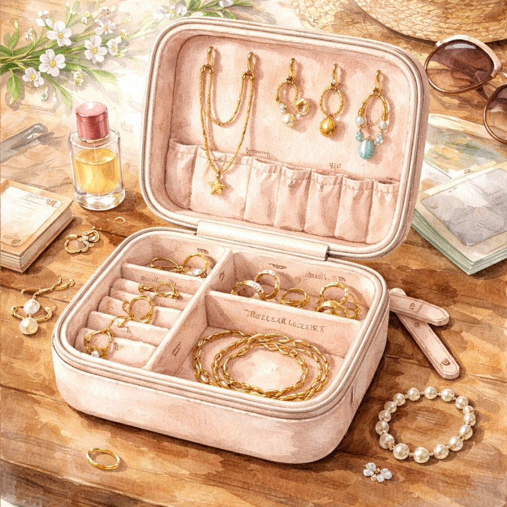 Watercolor scene of a neatly organized travel jewelry case open on a wooden table, showing compartments labeled for necklaces, earrings, rings, and bracelets. Alt: travel jewelry organizer with compartments illustration
