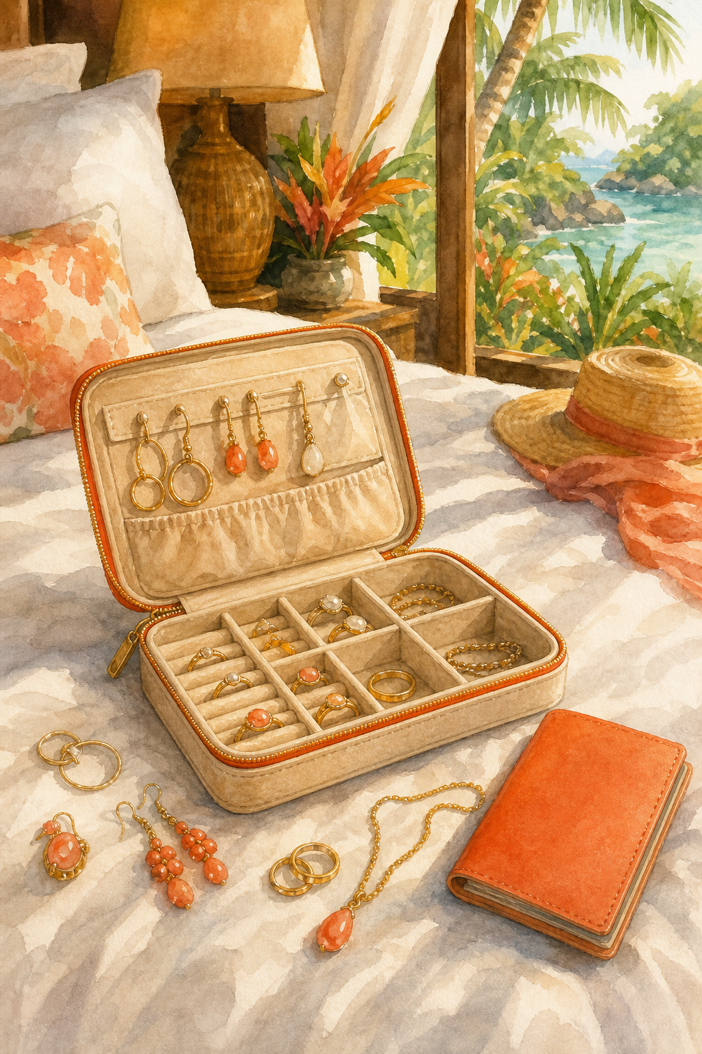 Watercolor scene of an open travel jewelry organizer laid on a tropical resort bed surrounded by earrings, rings, and a small passport wallet, painted in warm amber and coral tones with lush greenery visible through a window. Alt: travel jewelry organizer styles for honeymoon packing on a resort bed