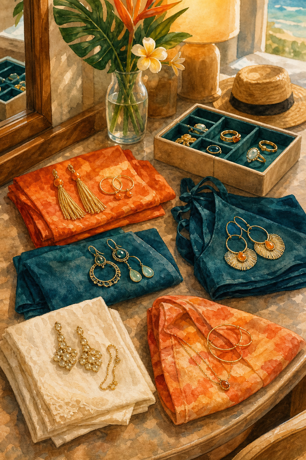 Watercolor illustration of jewelry grouped by outfit on a hotel vanity table, with earrings paired next to folded fabric swatches in sunset orange and deep teal, rings resting in open velvet compartments, soft warm light. Alt: organizing jewelry by outfit and occasion for honeymoon travel