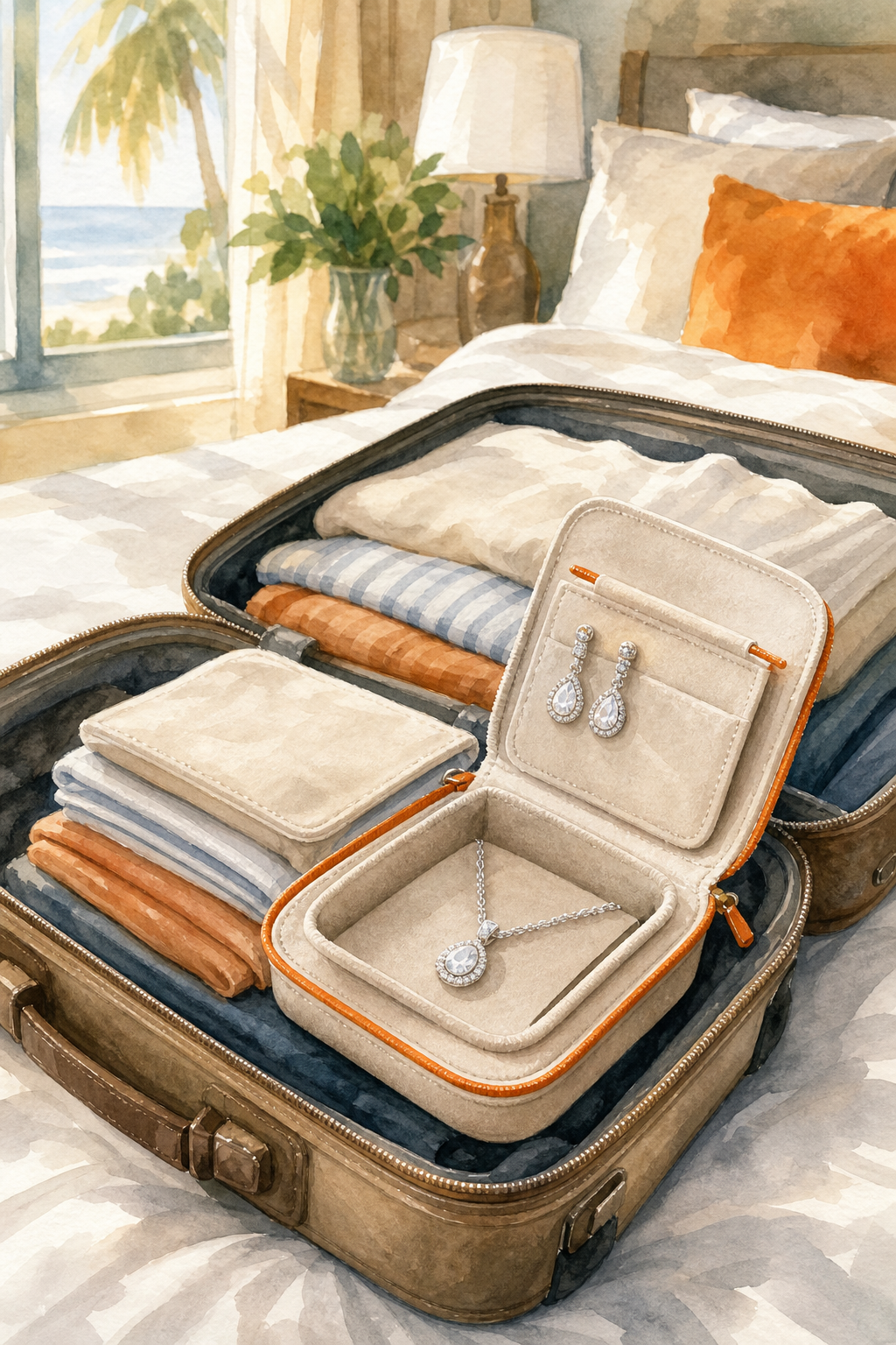 A watercolor scene of an open suitcase on a sunlit hotel bed, with delicate sparkling earrings and a pendant resting in a soft-lined travel pouch beside neatly folded clothes. Alt: travel jewelry organizer with RFID protection holding simulated diamond earrings and pendant in a packed suitcase.