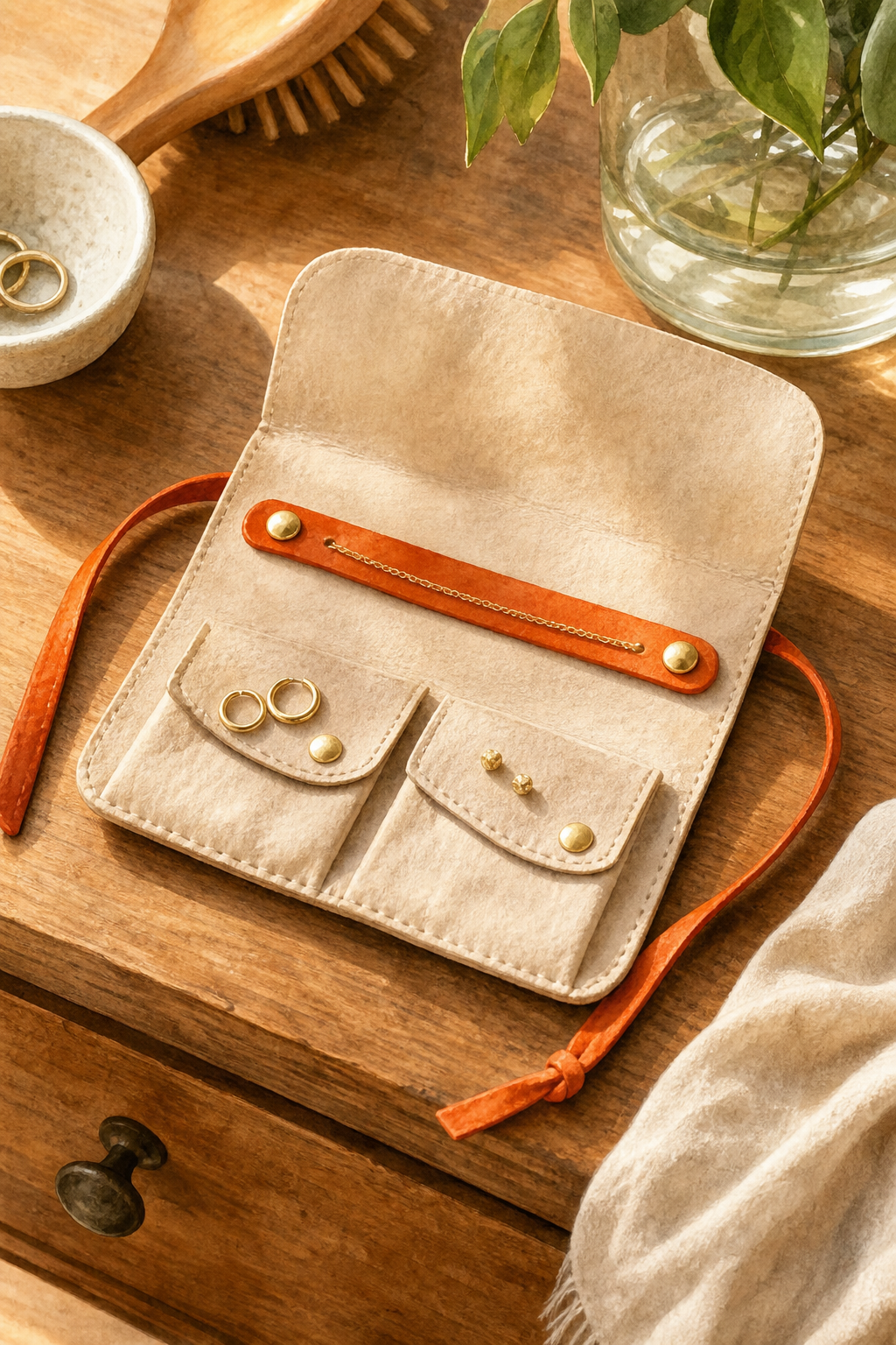 A watercolor flat-lay of a folded soft leather travel pouch on a wooden dresser, open to show a slim strap holding a thin gold chain and two small earring pockets, warm morning light. Alt: leather travel jewelry organizer pouch holding a delicate chain and earrings for minimalist packing.