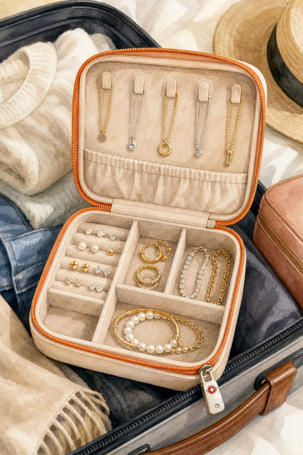 Watercolor illustration of a travel jewelry organizer open with necklaces, earrings, and bracelets neatly arranged inside, a TSA lock visible on the zipper pull, soft velvet lining, and a compact size fitting into a carry‑on suitcase, alt=