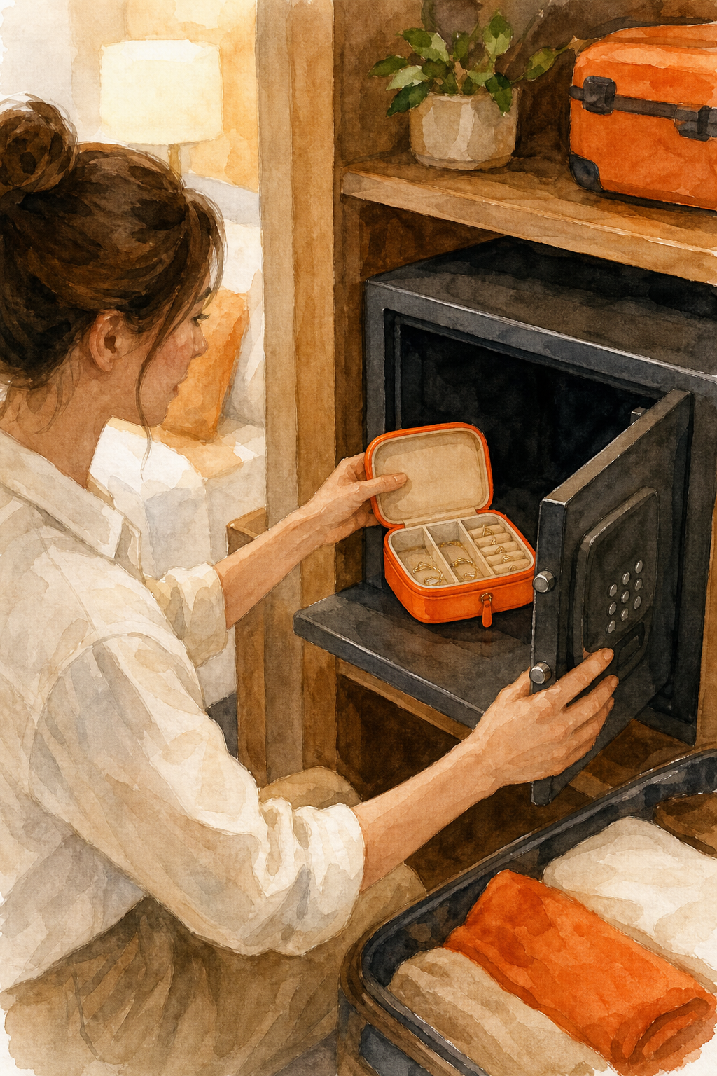 Watercolor scene of a traveler opening a hotel safe, placing a compact jewelry organizer with a TSA lock inside, soft lighting, alt=