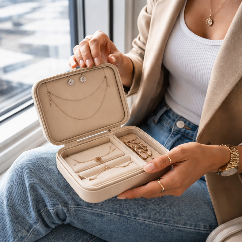 A photorealistic scene of a stylish woman sitting by an airport window, opening a sleek travel jewelry case that holds a thin stainless steel chain, hypo‑allergenic studs, and a compact bracelet. Soft natural light, realistic textures, focus on the jewelry set. Alt: travel jewelry set in realistic style.