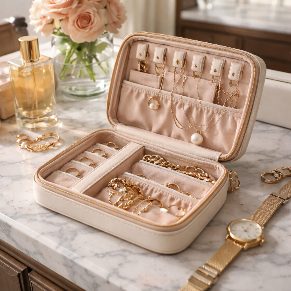 A photorealistic scene of a stylish travel jewelry organizer open on a marble hotel vanity, showing separate soft pouches for rings, necklaces, and bracelets, soft natural light, appealing to fashion‑forward women travelers. Alt: travel jewelry storage organizer on hotel vanity