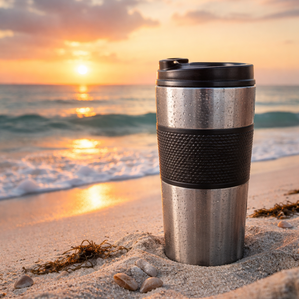 A photorealistic scene of a stainless‑steel travel mug with a textured rubber sleeve sitting on white sand, a sunrise in the background, droplets of seawater on the surface. Alt: travel mug for hot coffee on beach