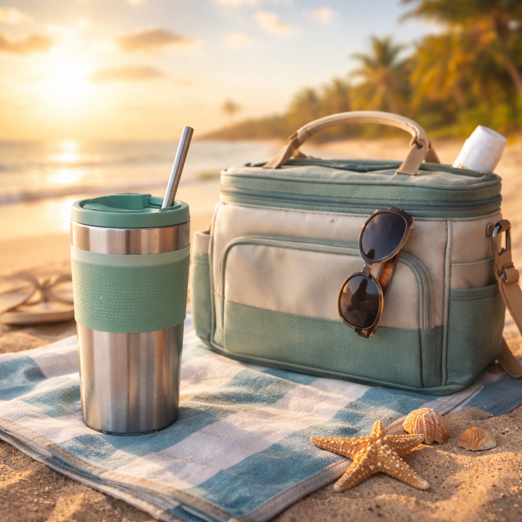 Generated beach scene with a travel mug and cooler bag from a Chilled Iguana Coffee Co. article