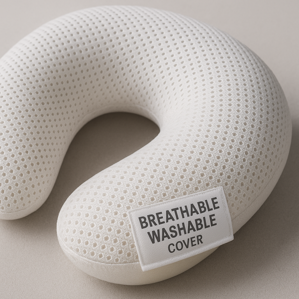 Close-up of breathable and washable cover on a travel neck pillow memory foam. Alt: Breathable washable cover on travel neck pillow memory foam for hygiene and comfort.