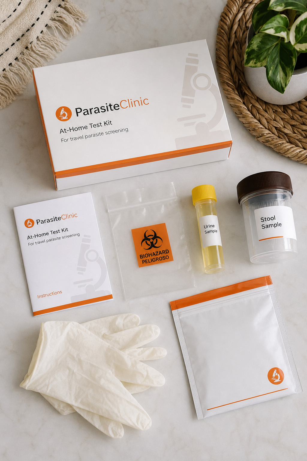 A realistic top-down view of an at-home test kit laid out on a clean table, with a stool sample container, urine vial, gloves, and instruction booklet. Alt: ParasiteClinic at-home test kit components for travel parasite screening.