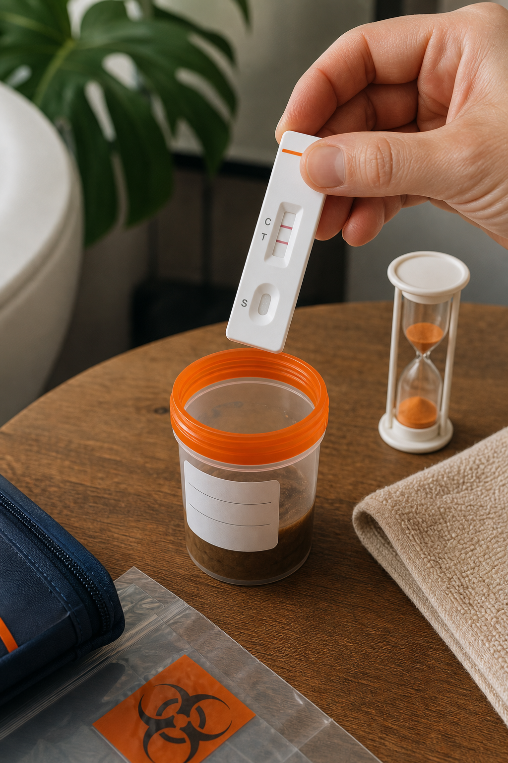A realistic close-up of a rapid test cassette being held above a stool sample collection cup, with a timer on a table. Alt: Rapid test kit for quick travel parasite screening.
