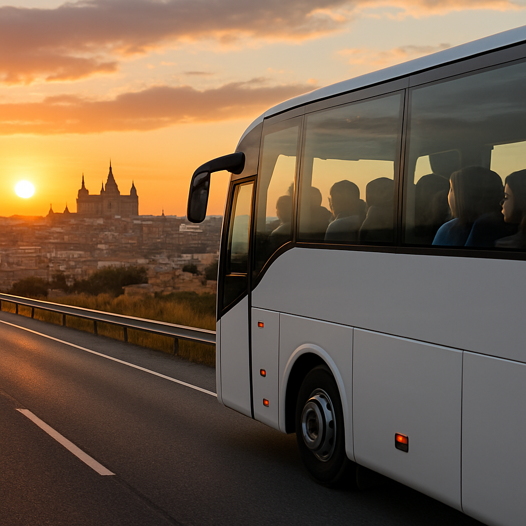A modern coach traveling along the highway from Madrid to Toledo, with passengers looking out the windows, sun setting over historic rooftops. Alt: Madrid to Toledo bus travel scenery