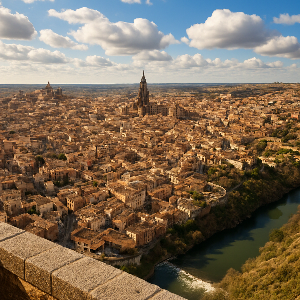 A panoramic view of Toledo’s historic skyline from the Alcázar, showing the winding streets, the Tagus River, and the cathedral’s spire. Alt: 