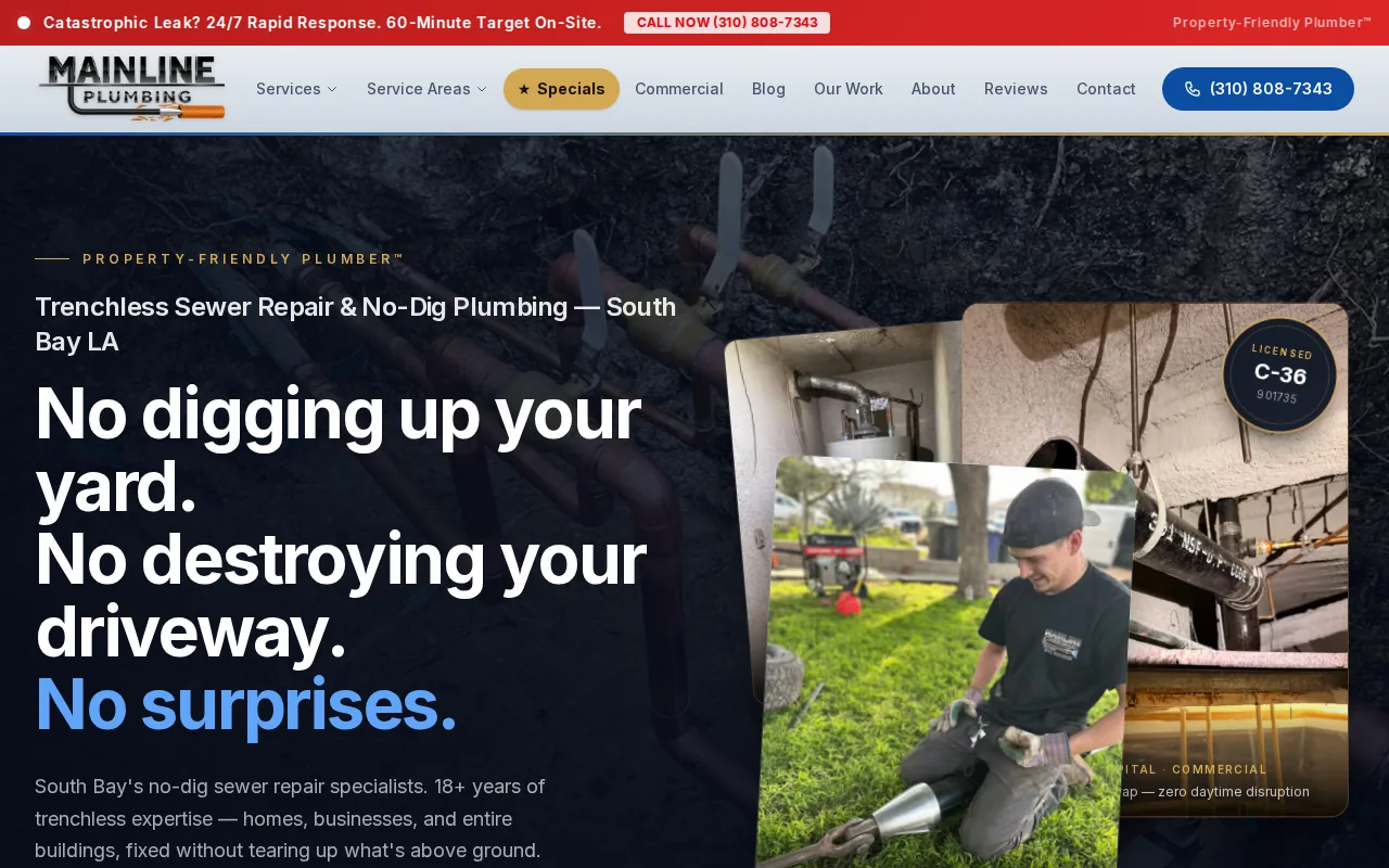 Mainline Trenchless Plumbing: visual reference for 5. Mainline Trenchless Plumbing — Pipe Bursting and CIPP, 24/7 Emergency