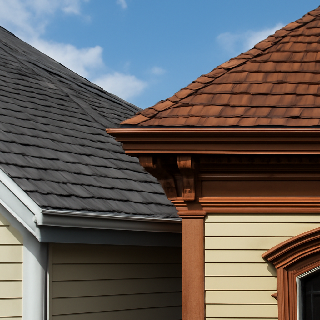 A high‑resolution photo of a modern house roof with contrasting aluminum trim and a classic Victorian roof with copper trim. Alt: Trim metal comparison on residential roofs.