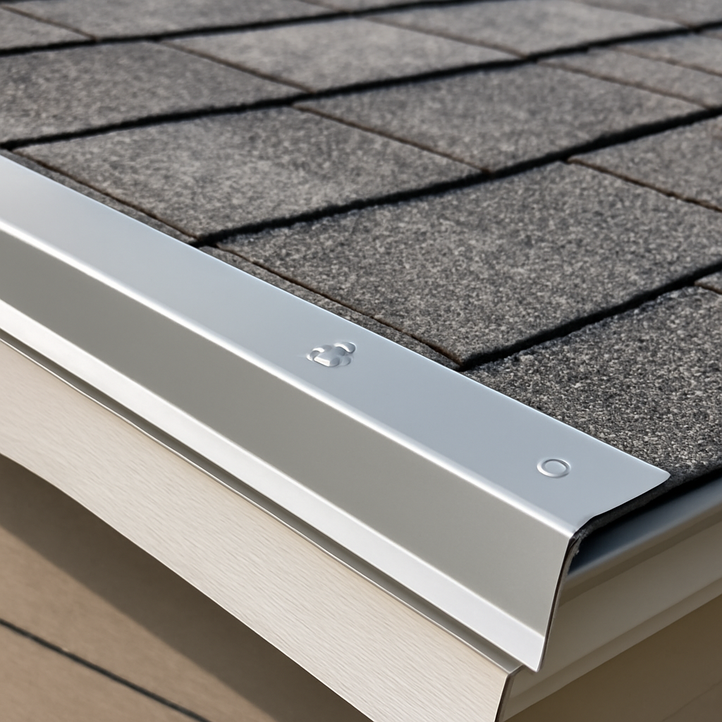 A photo of a roof with neatly installed trim metal, showing flush finish and secure screws, Alt: Trim metal installation on residential roof.