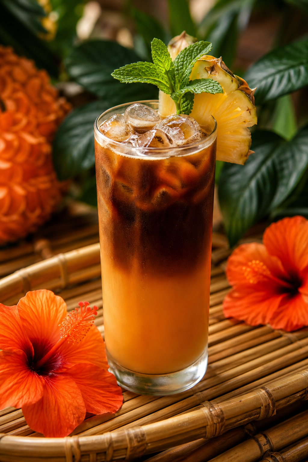 A tall glass of iced tea with mango and papaya chunks, ice cubes, and a sprig of mint, set on a tropical-themed coaster. Alt: Tropical iced tea with mango and papaya garnished with mint.