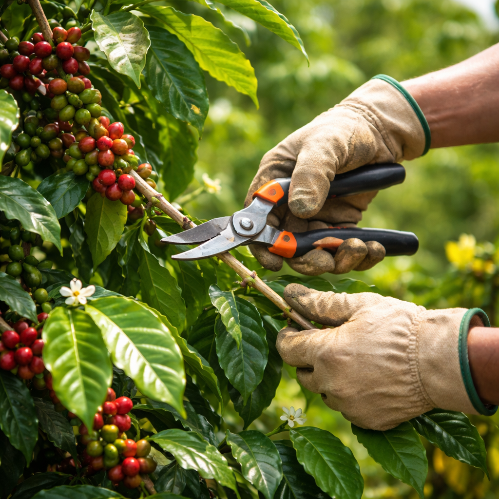 A realistic illustration of a coffee plant being pruned, showing a gardener cutting a branch, Alt: maintenance of tropical coffee beans