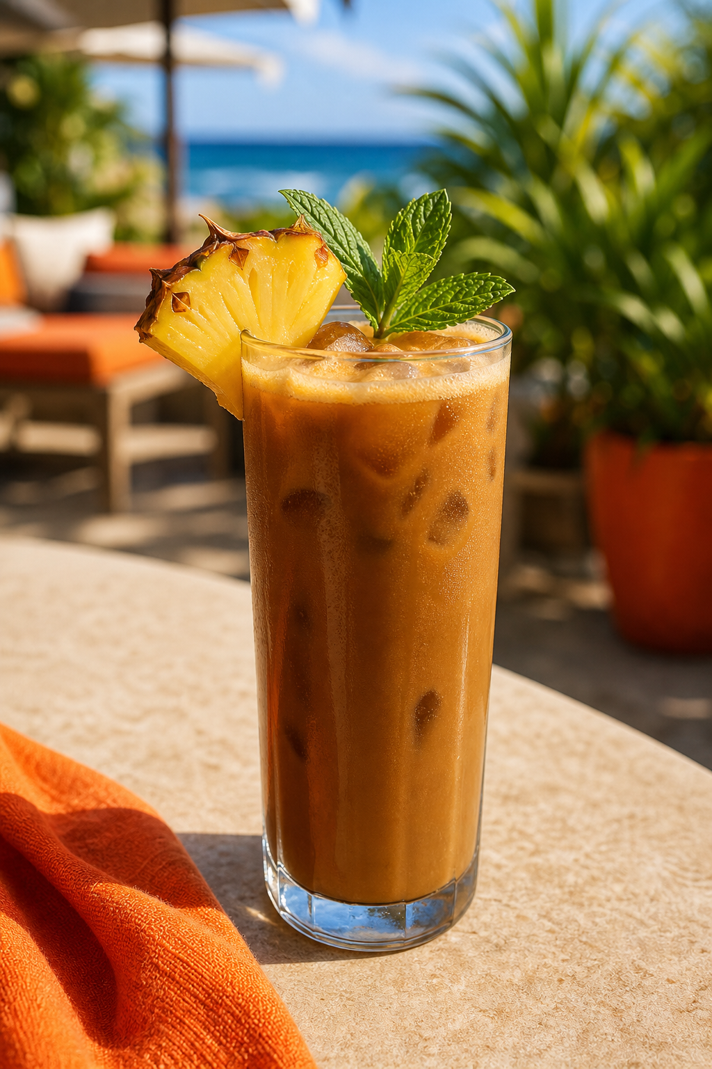 A photorealistic image of a tall glass of iced tropical coffee with a slice of pineapple and a sprig of mint on a sunny patio. Alt: iced tropical coffee served with pineapple and mint
