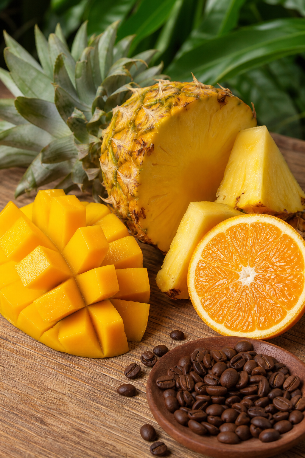 A photorealistic close-up of tropical fruit notes like pineapple, mango, and citrus arranged on a wooden table, with coffee beans nearby. Alt: tropical-notes-close-up