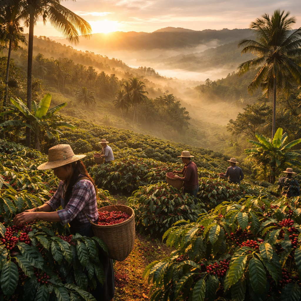 A photorealistic scene of a tropical coffee farm at sunrise, with mist over the hills and workers picking cherries. Alt: tropical coffee farm sunrise storytelling