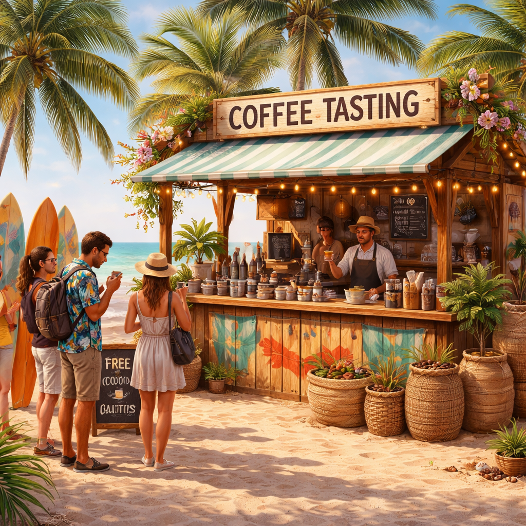 A realistic illustration of a beachside pop‑up coffee tasting event with palm trees, surfboards, and a colorful coffee stand. Alt: tropical coffee pop‑up event marketing
