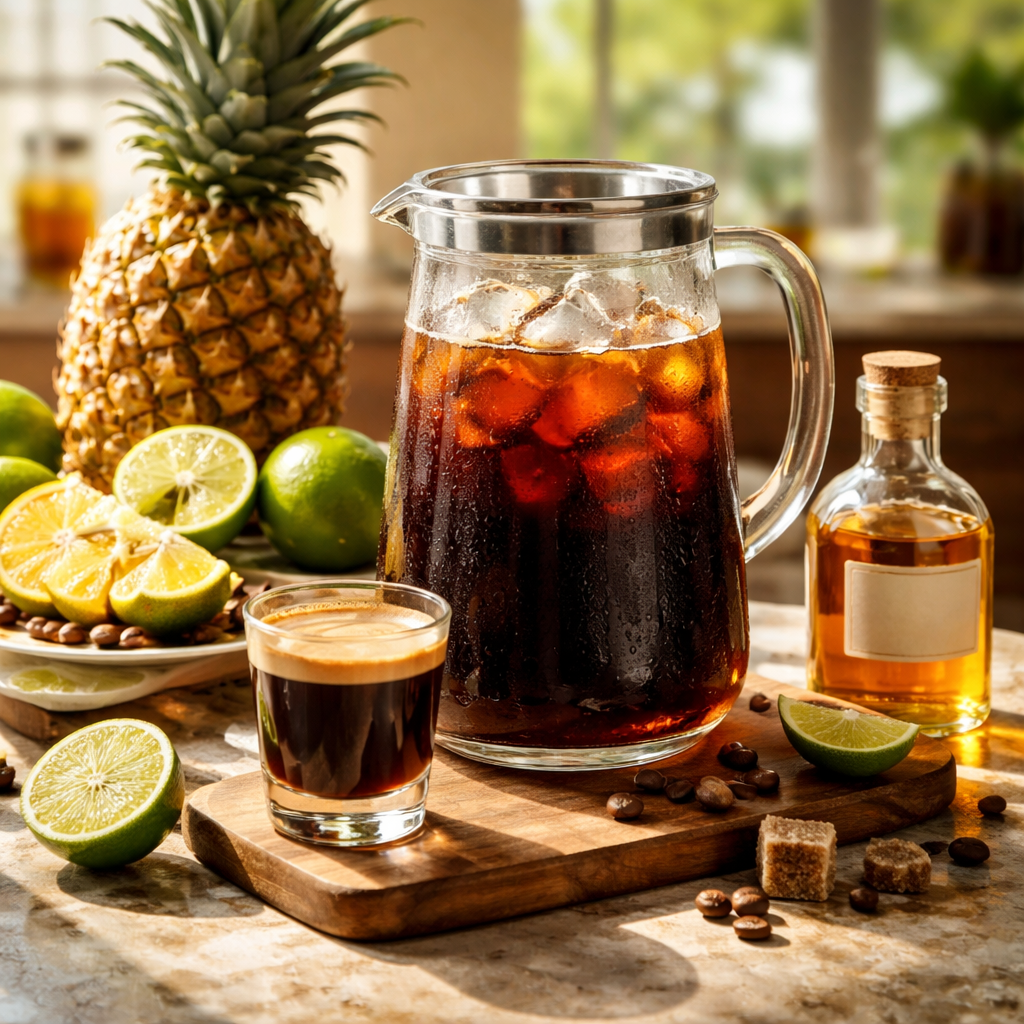 A photorealistic scene of a bar‑style counter with a pitcher of cold brew coffee, a shot glass of espresso, tropical fruits like pineapple and lime, and a small bottle of rum, bright sunlight streaming in, Realism style, appealing to coffee lovers of all ages.