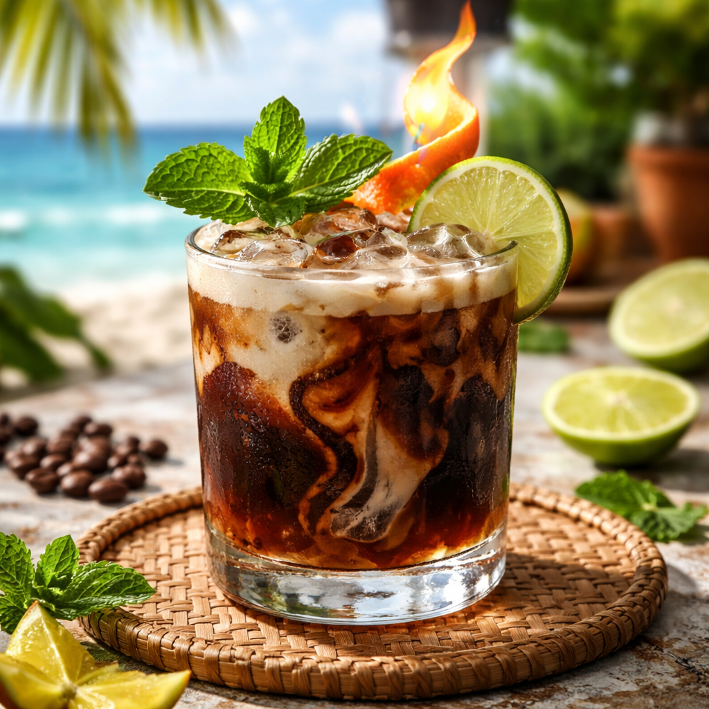 A photorealistic close up of a tropical coffee cocktail in a clear glass, garnished with a mint sprig, lime wheel, and a flaming orange peel, bright daylight on a beach side bar. Alt: tropical coffee cocktail recipes garnish and presentation.