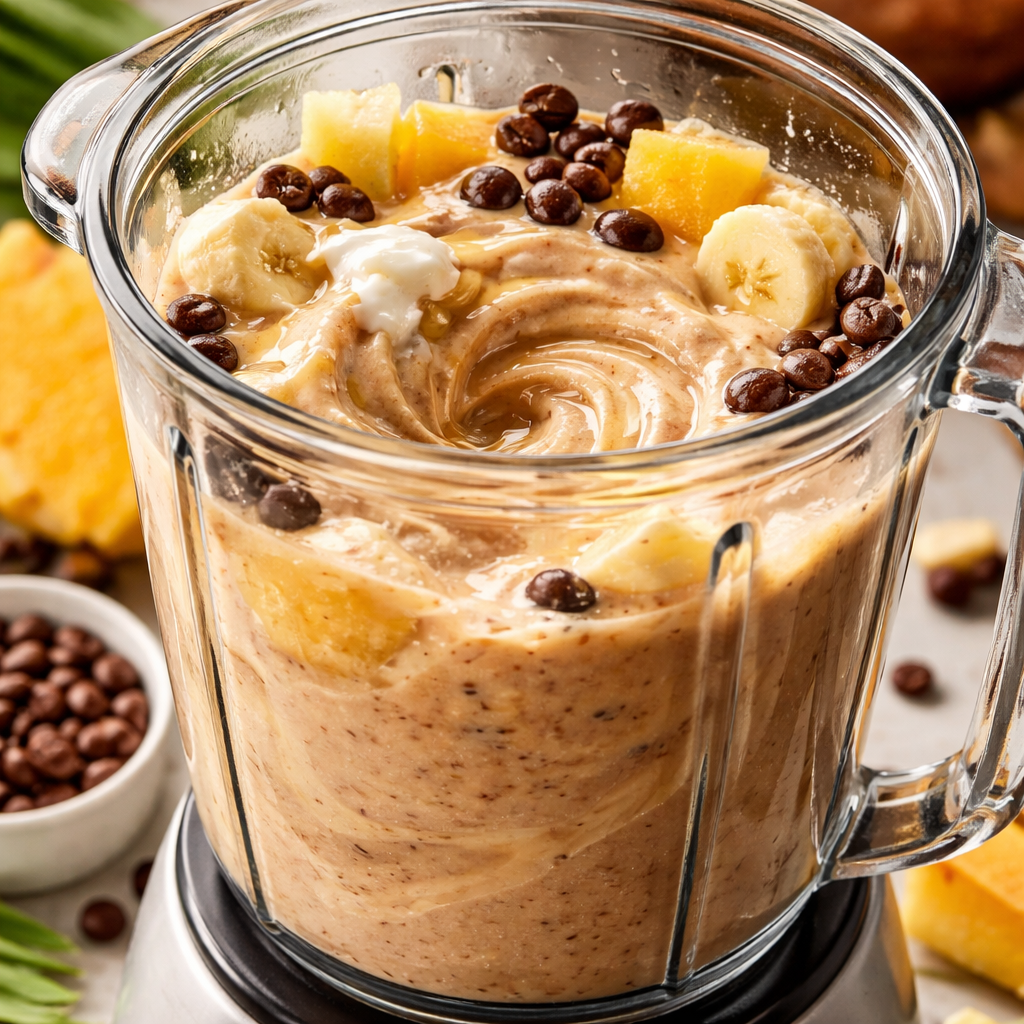A photorealistic shot of a blender filled with vibrant tropical fruit, coffee, and creamy yogurt, smooth swirl visible, alt: blended tropical coffee smoothie mixture