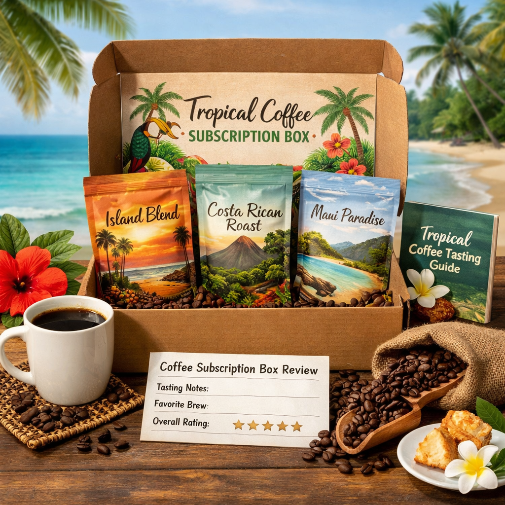 A photorealistic image related to tropical-coffee-subscription-box-review. Alt: tropical-coffee-subscription-box-review