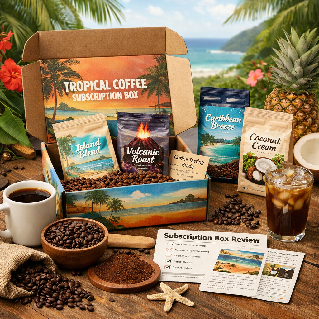 A photorealistic image related to tropical-coffee-subscription-box-review. Alt: tropical-coffee-subscription-box-review