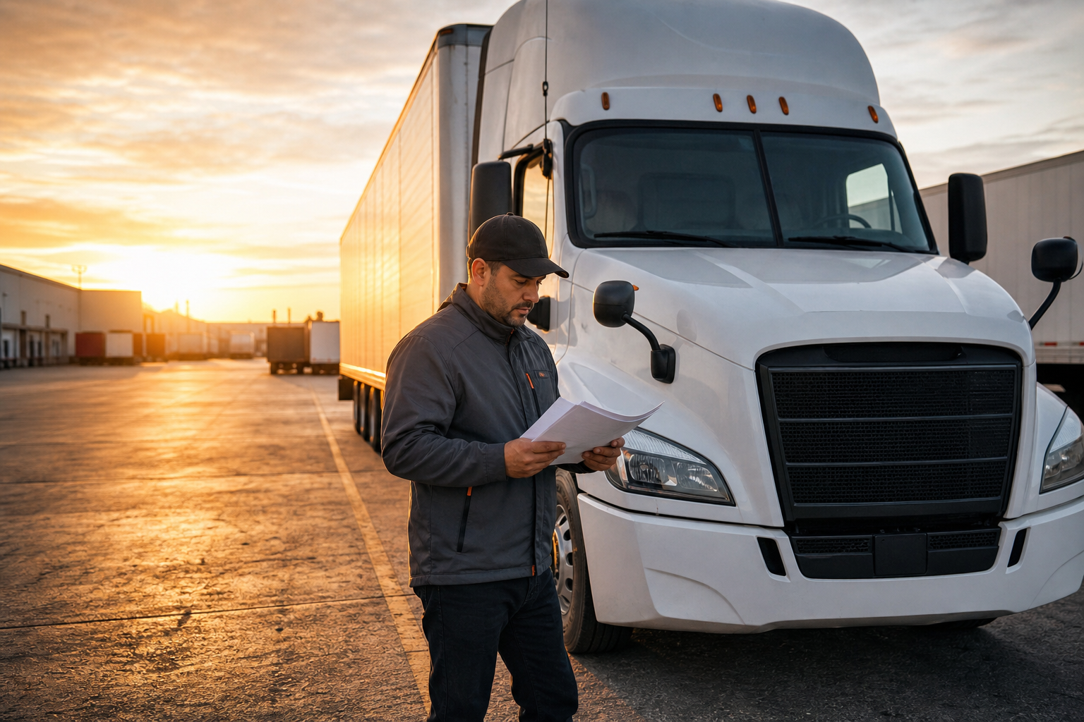 truck driver reviewing a home daily linehaul schedule at an Inland Empire terminal.
