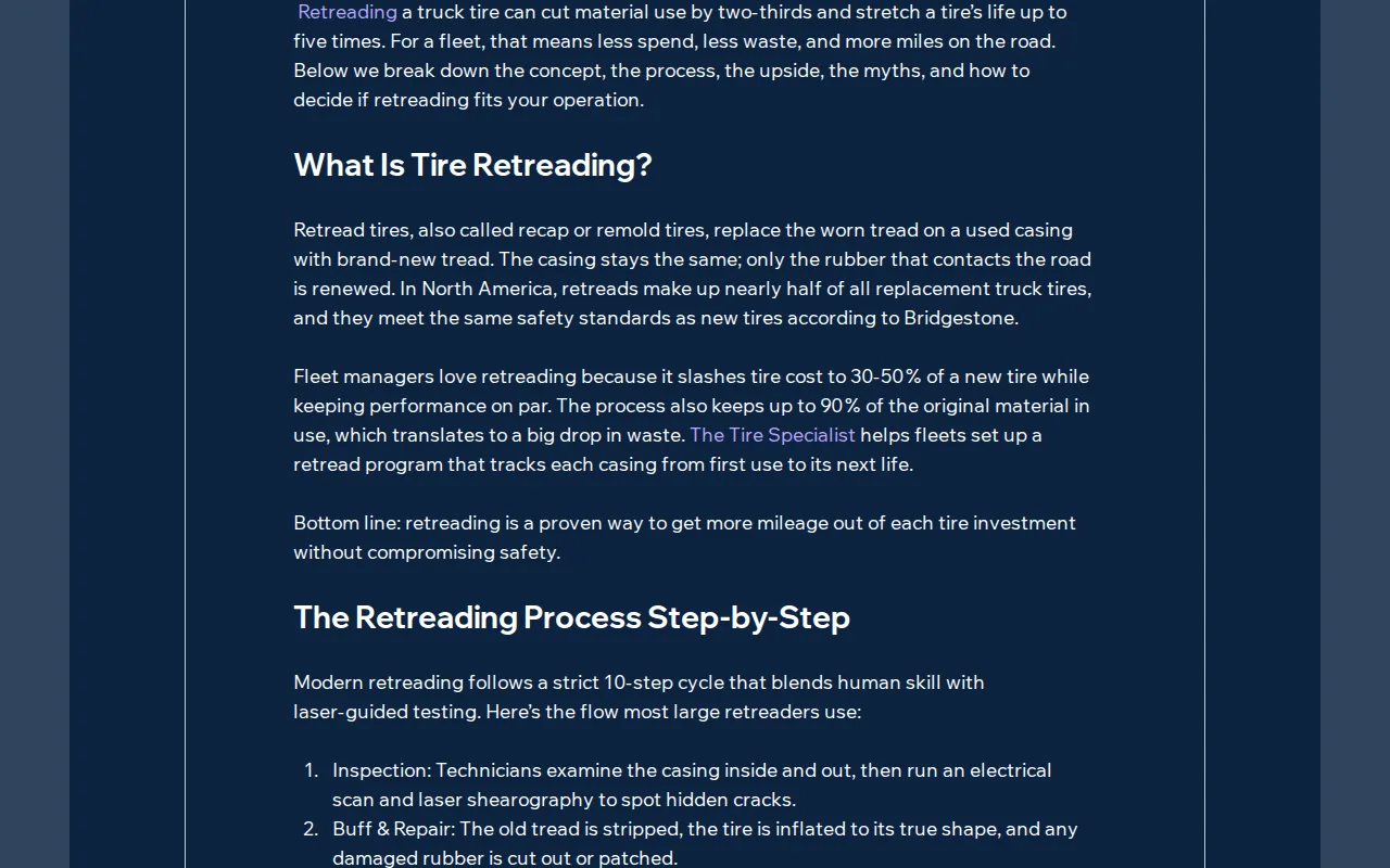 The Tire Specialist: visual reference for 1. The Tire Specialist — Expert Retread Guidance and Mobile Service