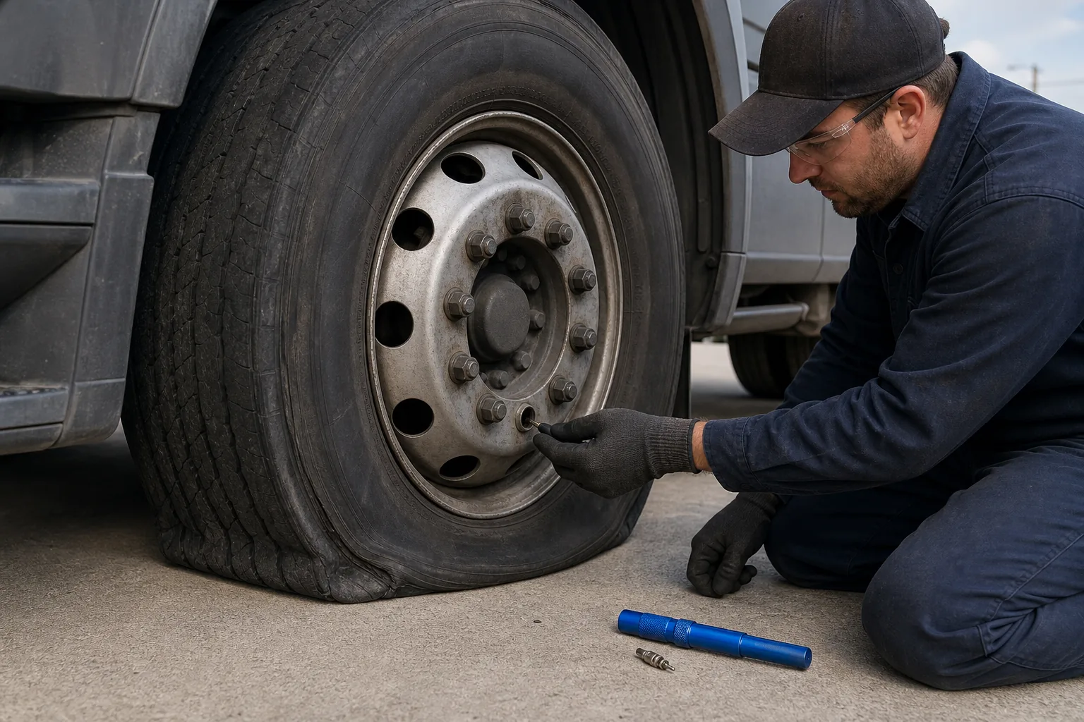 Mechanic preparing a truck tire valve stem for safe replacement