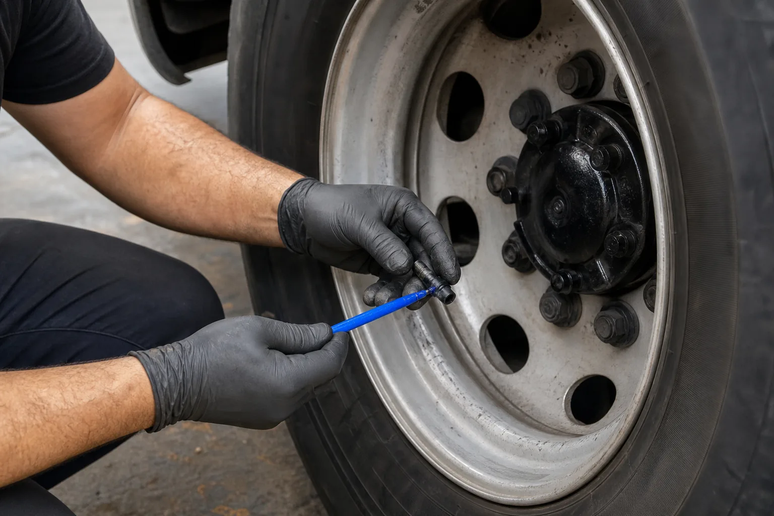 Installing and seating a lubricated truck tire valve stem