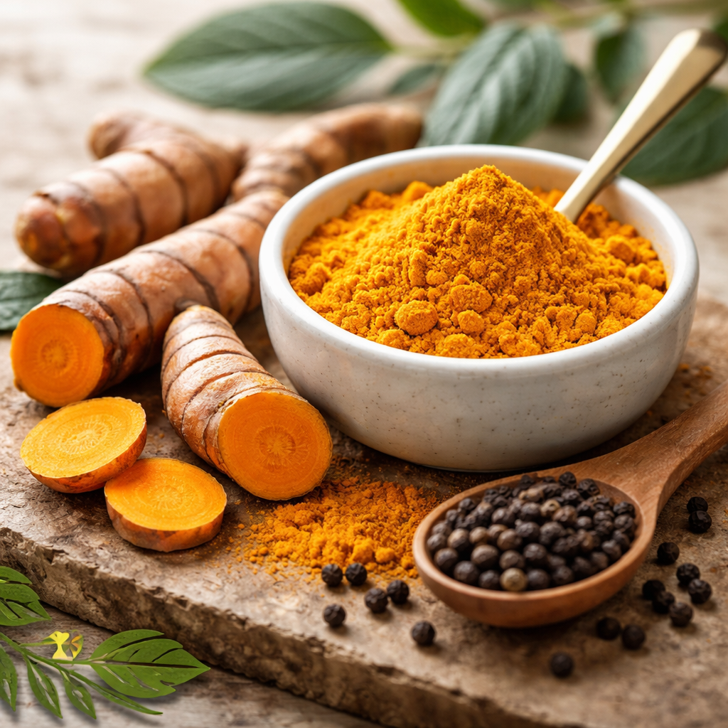 A realistic close‑up of turmeric root, powdered curcumin, and black pepper crystals on a wooden surface. Alt: turmeric supplement ingredients for skin health
