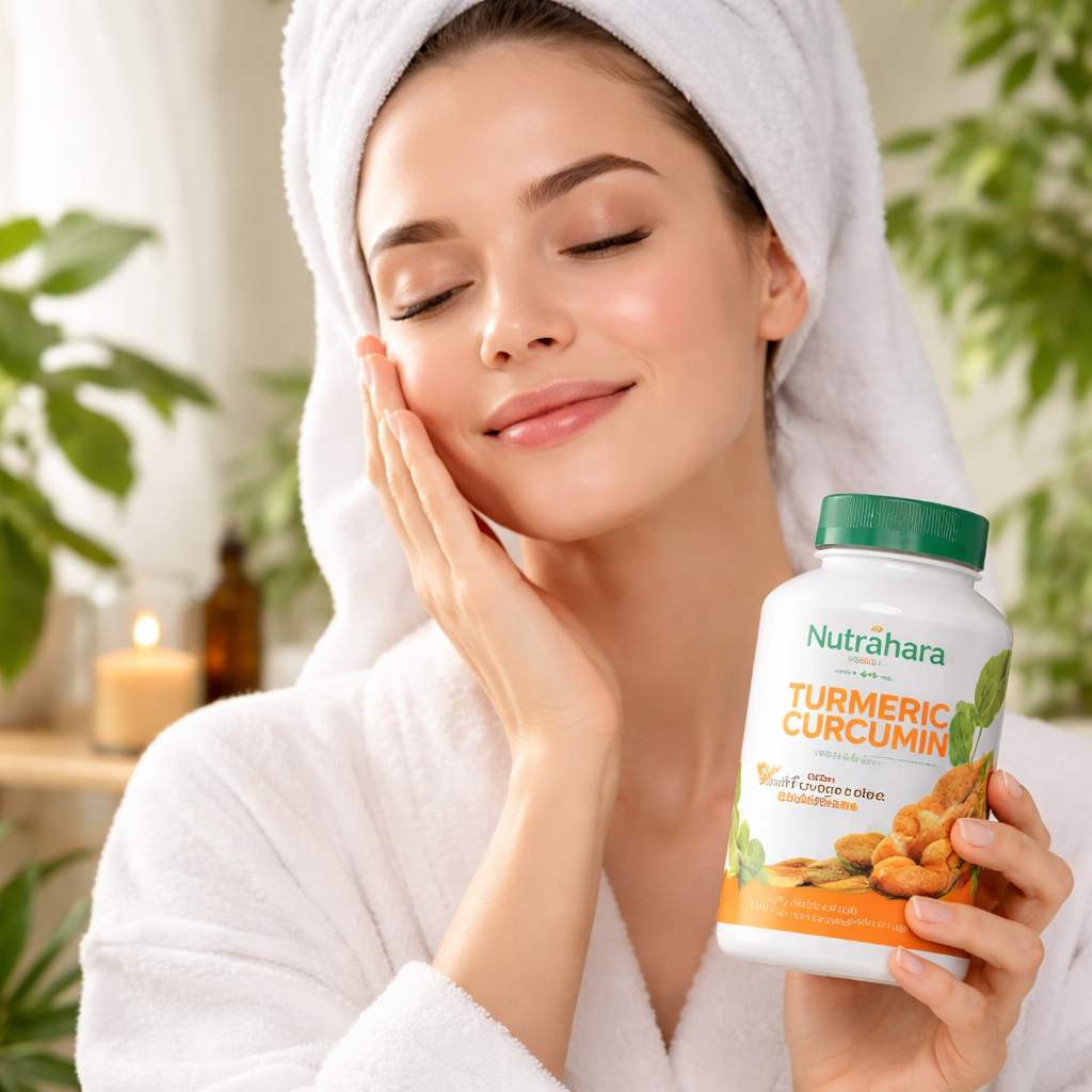 A realistic scene of a woman applying a gentle facial massage while holding a turmeric supplement bottle, highlighting skin health benefits. Alt: woman using turmeric supplement for skin elasticity