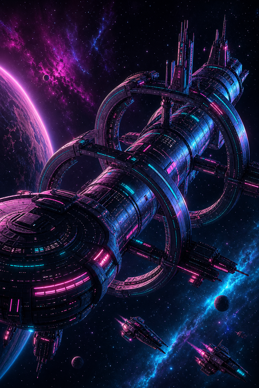 A neon-infused space station Babylon 5 with a stylized retro-future aesthetic, in Neon Noir style. Alt: Babylon 5 space station neon reboot.