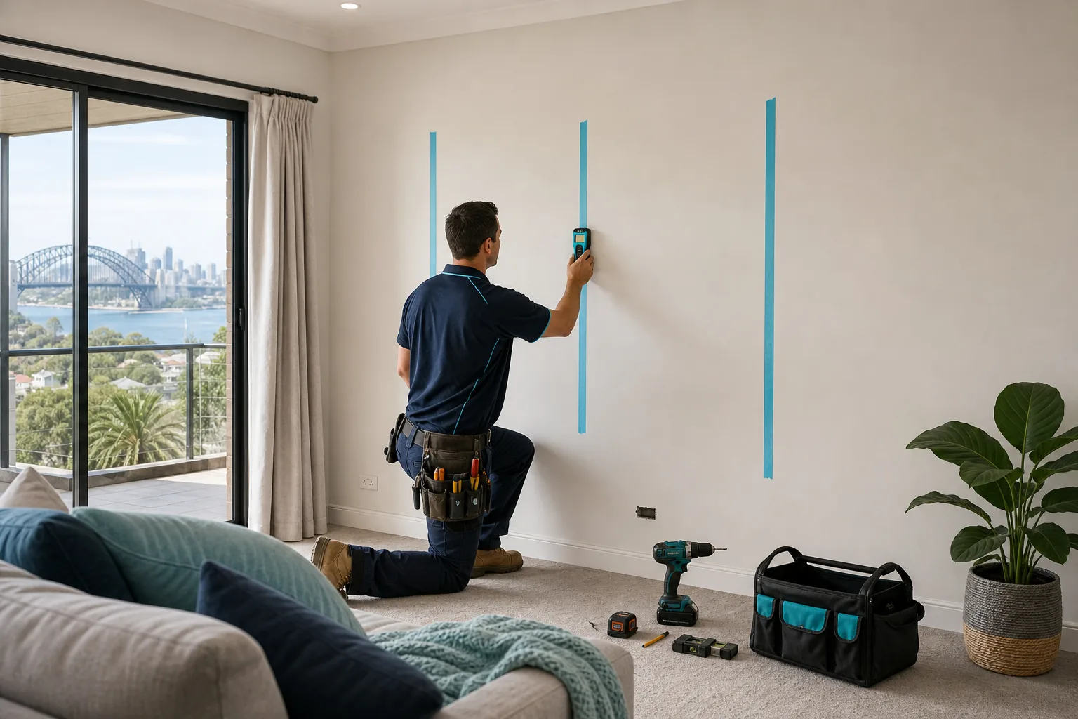 electrician locating wall studs before TV wall mount installation in Australia