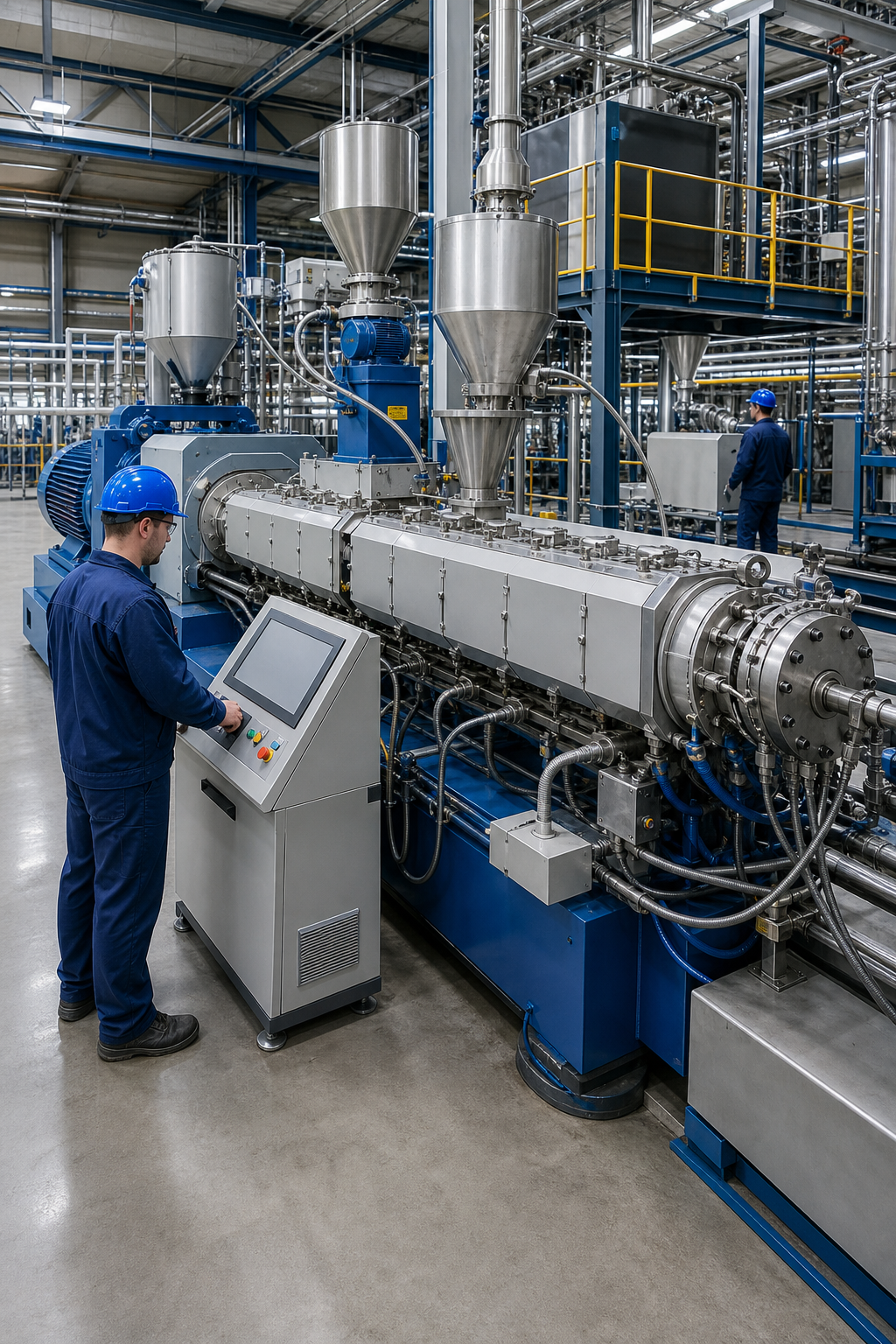 A realistic industrial extrusion plant showing a large Coperion twin‑screw extruder with side feeders and a control console, bright lighting, workers in safety gear, conveying the scale of high‑torque processing.
